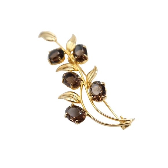 Smokey Topaz & Gold Tone Botanical Vine Leaf Gemstone Brooch Unsigned - Picture 2 of 4